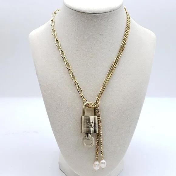 Stainless Steel Gold-Plated Necklace with Authentic Louis Vuitton Padlock