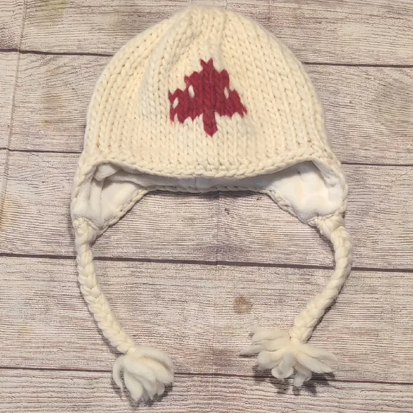 DeLux Toddler Girls Wool Felt Winter White Hat Red Maple Leaf Detail