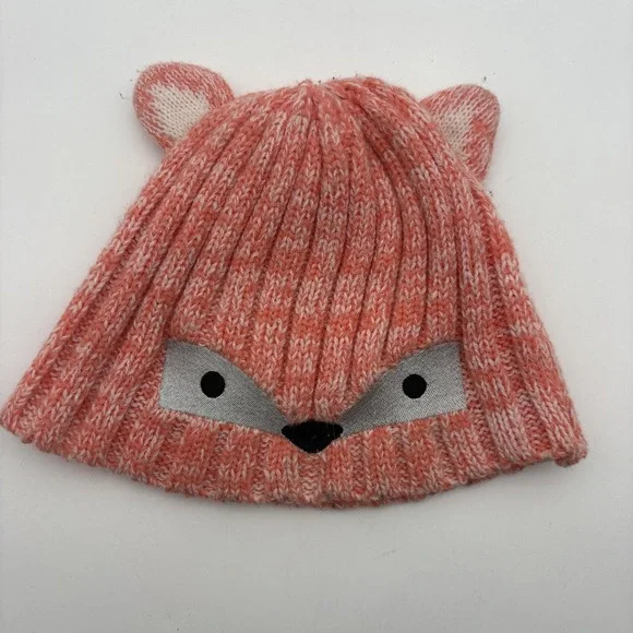 Fox Hat Girls One Size Pink Knit Beanie Winter Animal Face Ears Cute Stretch