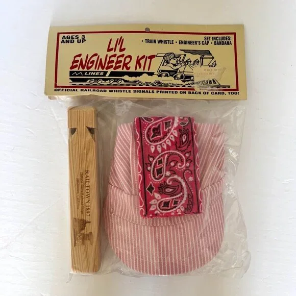 Vtg Lil Engineer Kit Girl‎ Train Whistle Engineers Cap Bandana Pink Girl New