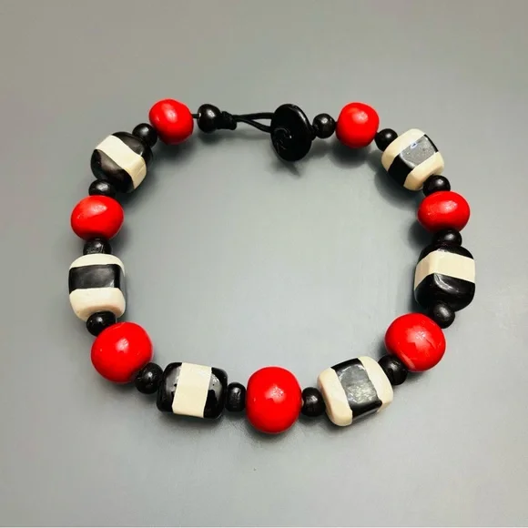 Handmade Ceramic Necklace Chunky Choker Statement VNTG Black Red White marked TK
