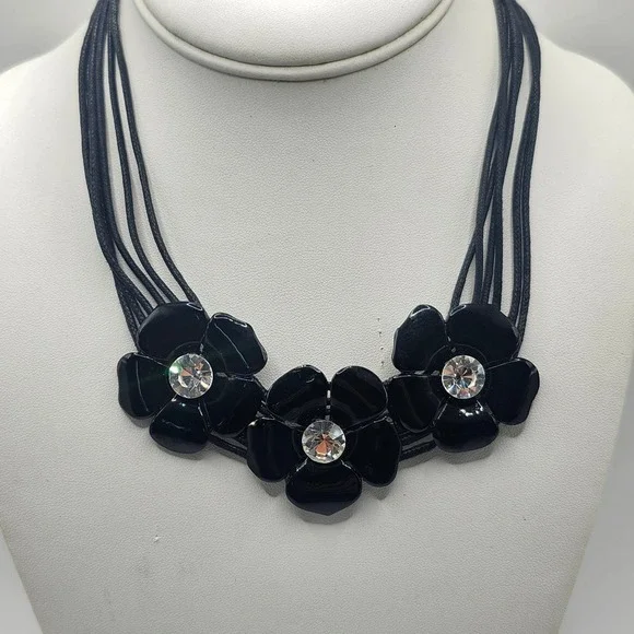 Cookie Lee Black Enamel Flower Statement Necklace Rhinestone Center Cord Strands