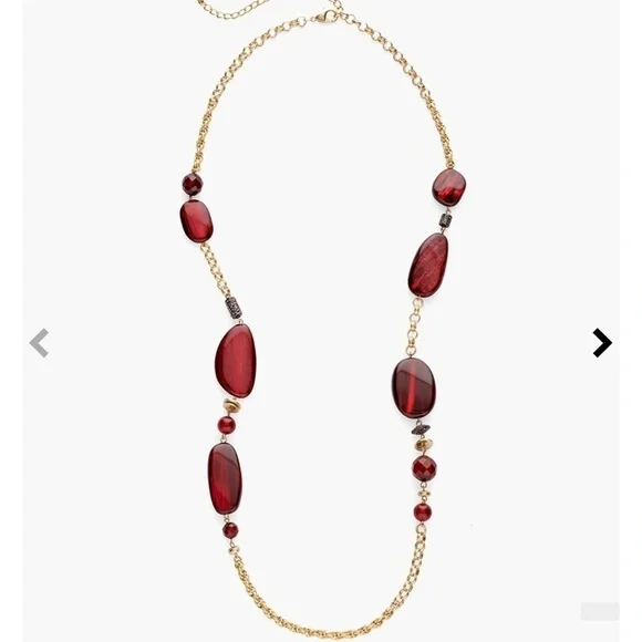 New Chicos gold tone long necklace with chunky ruby red beads, adjustable length