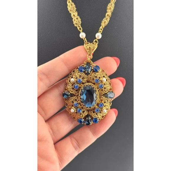 Vintage West Germany Blue Rhinestone Filigree Pendant Necklace 24.5