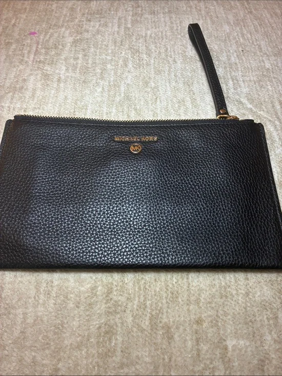 Michael Kors Black Pebbled Leather Wristlet Clutch with Gold Logo