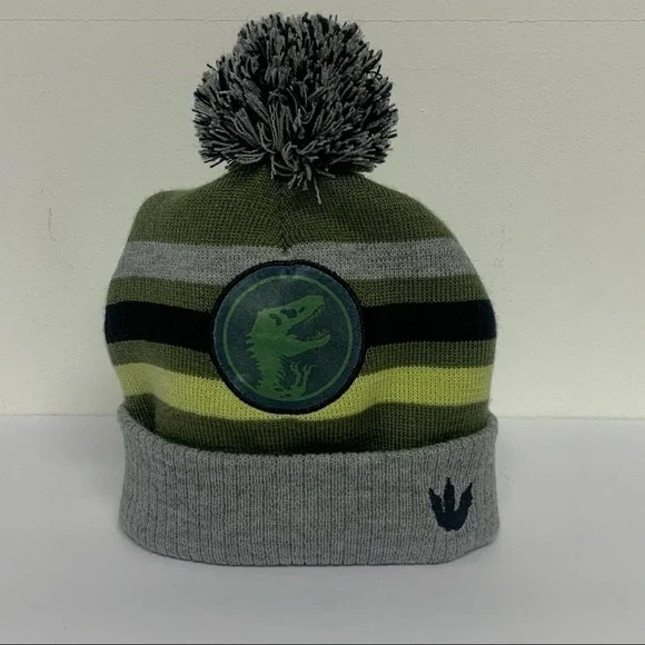 Jurassic World Kids Gray/Green Striped Hat with Pom Pom | One Size Fits Most