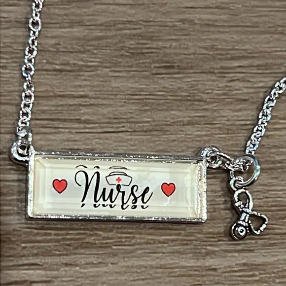 NWT Bar Necklace Engraved w/“Nurse” and Stethoscope Charm, Adjustable Length