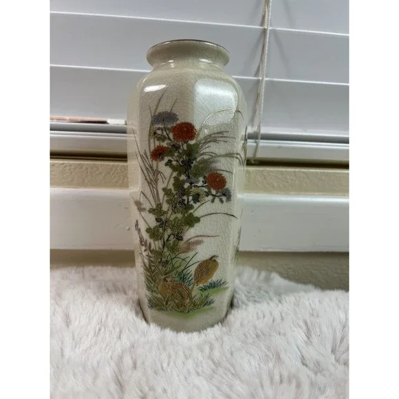 Vintage Satsuma Ware Style Pottery Vase Beige Bird‎ & Flower Gold Trim Imperial