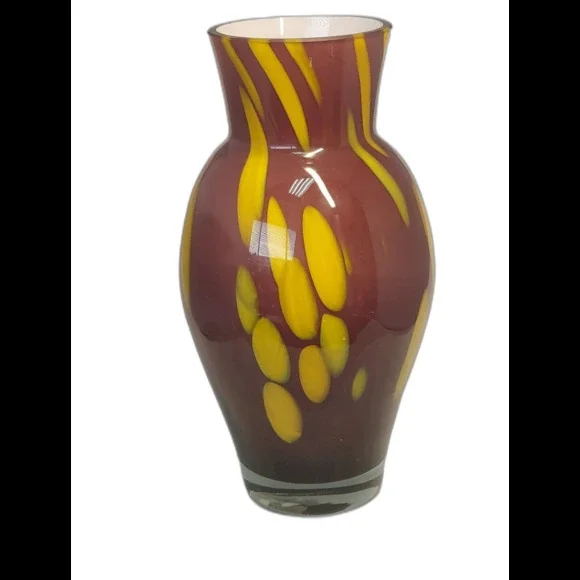 HEAVY  AMETHYST PURPLE YELLOW DESIGN ART GLASS VASE 9 1/4