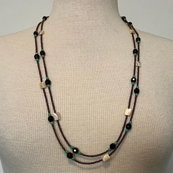 Brown, Teal and Tan/Cream Beaded Necklace.