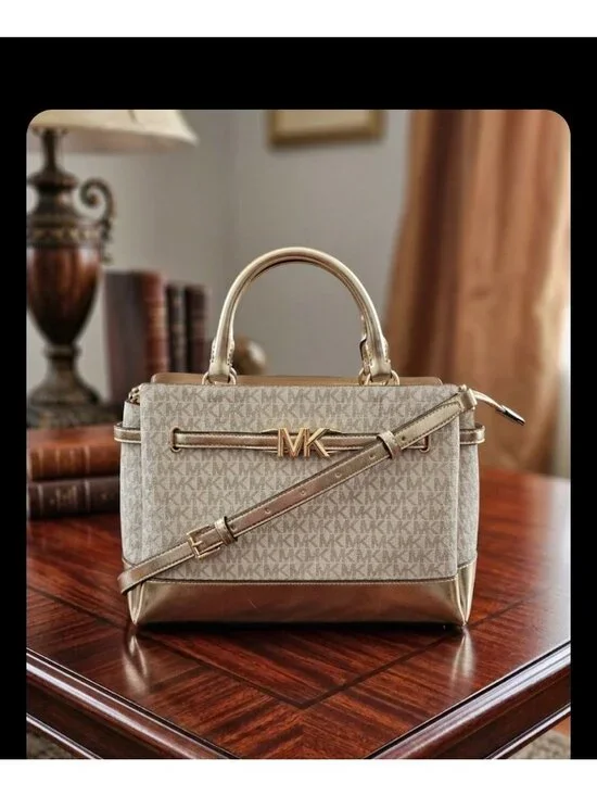 Michael Kors Reed Large Belted Vanilla Pale Gold Satchel Crossbody Bag