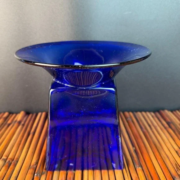 Cobalt Blue Art Glass Handblown Vase or  Candle holder unique wide rim 5.5