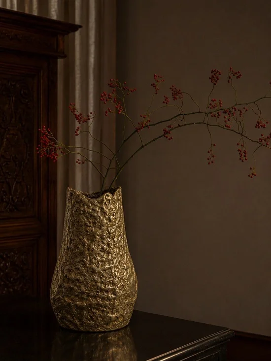 Organic Sculptural Gold Metal Vase Brutalist Style Heavy Statement Decor