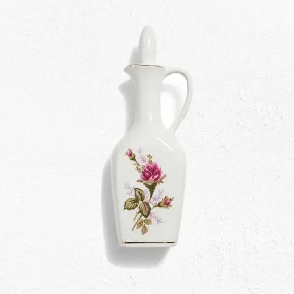 1950s Vintage Porcelain Decanter Floral Gold Trim Cork Stopper Mid-Century Cruet