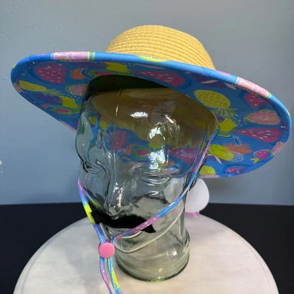 Tommy Bahama Kids Straw Sun Hat Tropical Fruit Print Wide Brim Adjustable Strap