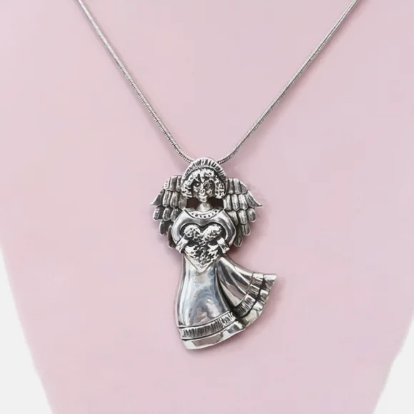 Vintage Sterling Silver Large Angel Brooch Pin Necklace Pendant with 20