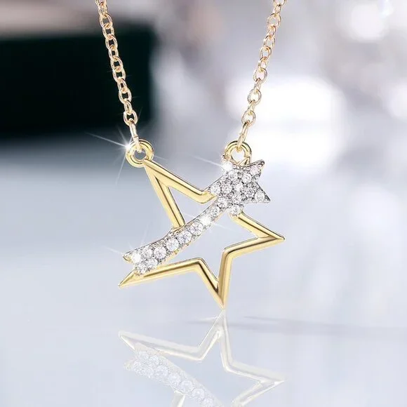 ⚡Crystal Clear Micro Pave Hollow 14K Gold Plated Star Pendant Necklace,MARR9009