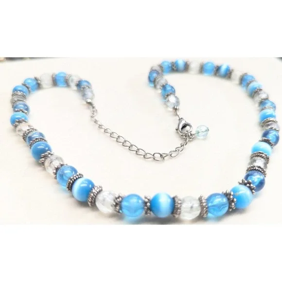 Vintage Beaded Necklace Blue Cats Eye‎ Glass Silver Tone Boho Strand Clear Beads