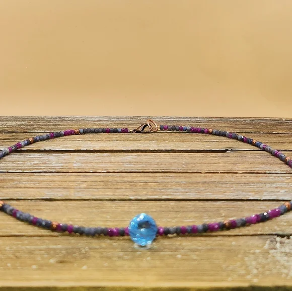 Sapphire/Ruby, Sky Blue Topaz and Copper Beaded Necklacke