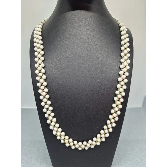 Vintage Woven Milk White Bead Necklace Woman Gold Tone Triple Strand Mesh Chain