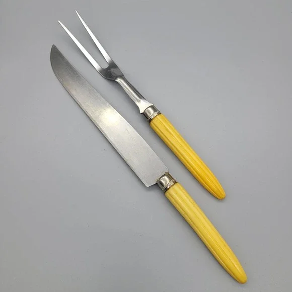 Vintage Stainless Steel Carving Set 2pc Knife and Fork Yellow Fluted Handles