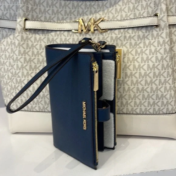 MICHAEL KORS LARGE DOUBLE ZIP WRISTLET WALLET PHONE CASE Navy NWT
