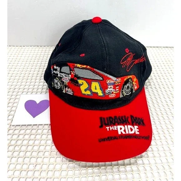 Vtg 90s hat Jurassic Park Jeff Gordon red Cap Ride‎ All Over Logo Movie Nascar