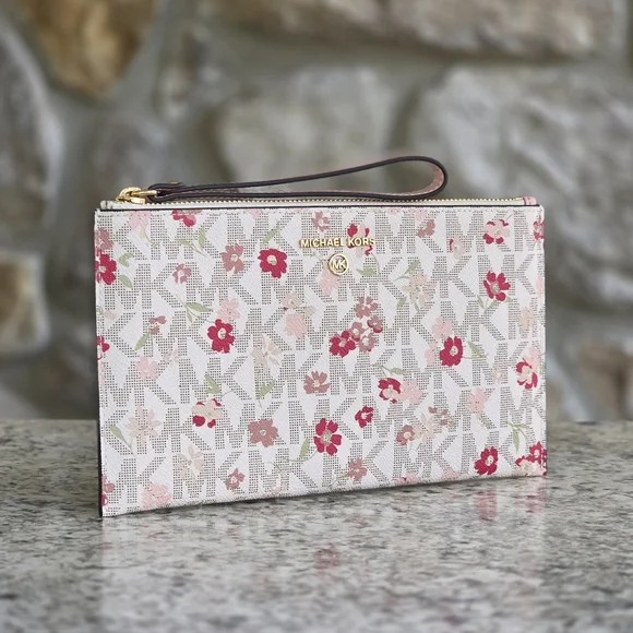 Michael Kors Jet Set Logo Large Floral Wristlet Clutch,