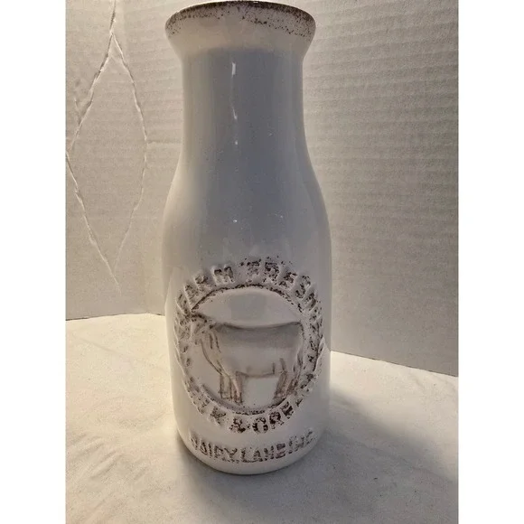 Farm Fresh Milk & Cream Ceramic Cow Milk Bottle Vase White Distressed 8.5