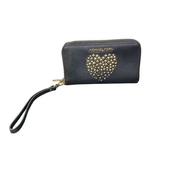 Michael Kors Black Saffiano Leather Studded Heart Zip Around Wristlet Wallet