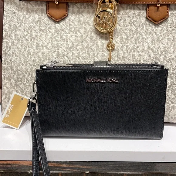 MICHAEL KORS LARGE DOUBLE ZIP WRISTLET WALLET PHONE CASE CLUTCH Black