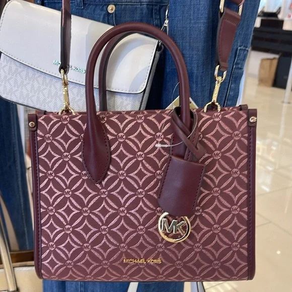 Michael Kors Mirella Small Metallic Logo Jacquard Crossbody Bag Oxblood Multi