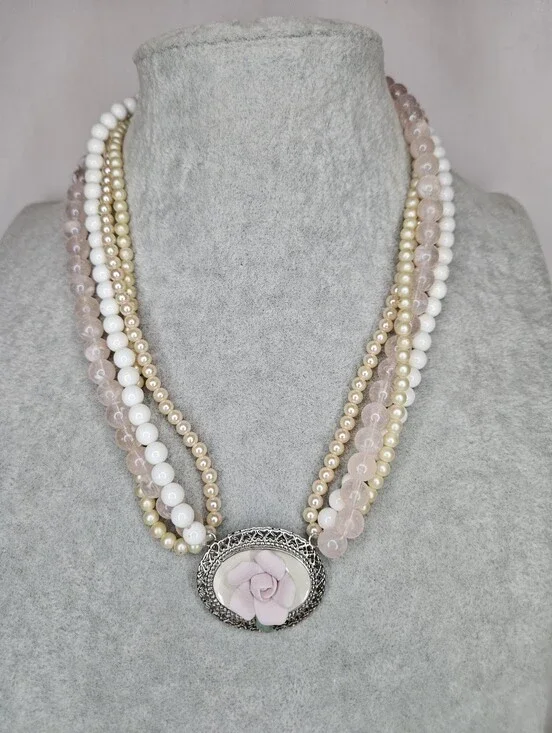 Vtg 1928 Jewelry Co Rose Quartz Pearl Multi Strand Choker Flower Necklace GUC