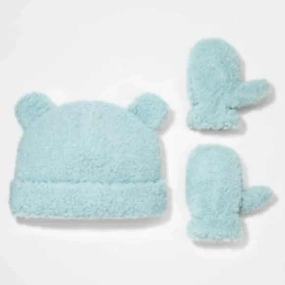 Cat & Jack Toddler Unisex Sherpa Fleece Beanie with Mittens Blue