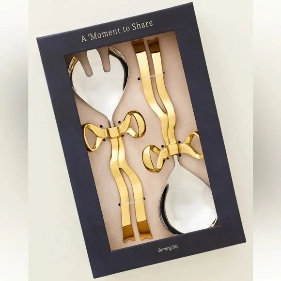 New Anthropologie Home Decor Benedita Stainless Steel Gold Bow Serve Set