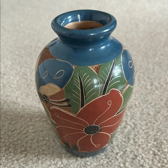 Vintage Hand-Painted Nicaraguan Floral Ceramic Vase in Teal, Green, Rust