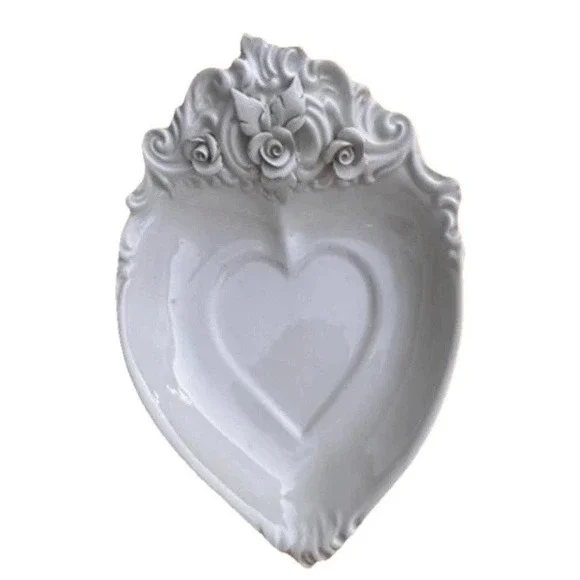 Crafted Italian Romantic Heart Shape Trinket Dish Floral Accent‎ White Porcelain