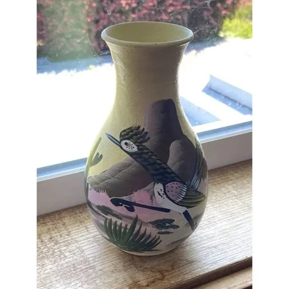2007 Southwestern Roadrunner Cactus Painted Yellow Vase Signed