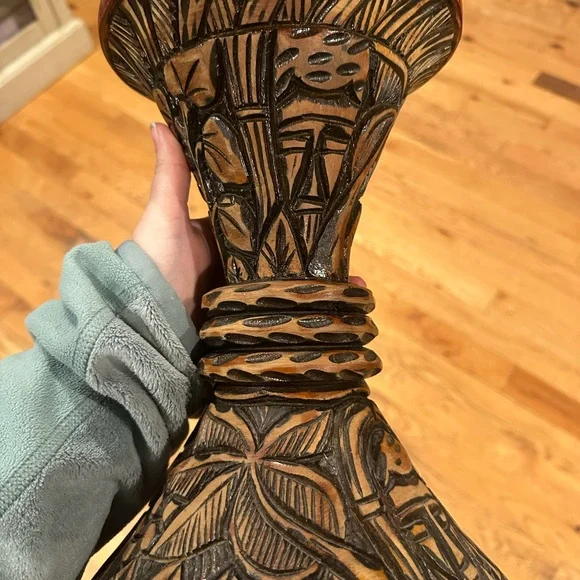 Hand-Carved Floral Pedestal Vase Planter in Brown and Tan