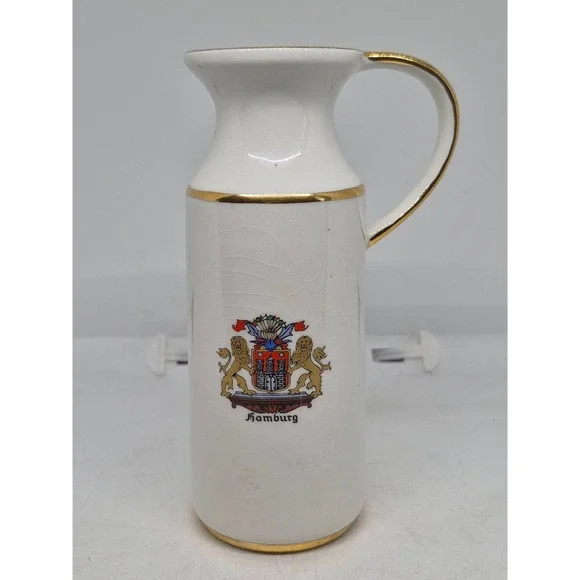 Vintage Reutter Porzellan Pitcher Hamburg Coat of Arms White Gold Trim W Germany