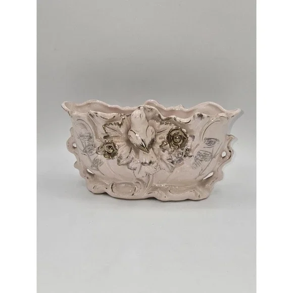 Vintage Pink Lusterware Planter‎ Bird Floral Gold Trim Ceramic Jardiniere 7