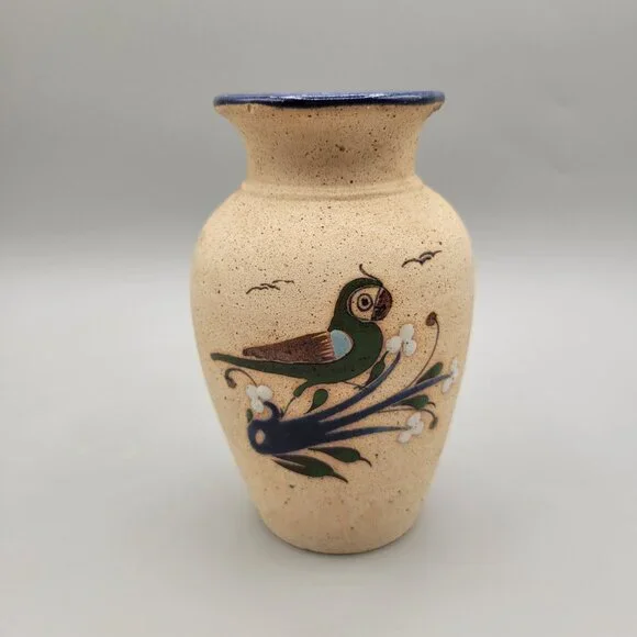 Mexican Tonala Pottery Vase Bird Flowers Folk Art Sandstone