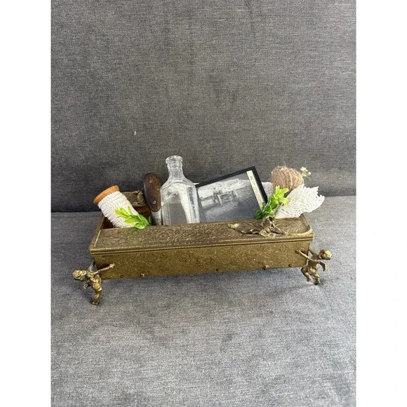 Vintage Upcycled Repurposed‎ Primitive Vignette Decor Gold Metal Tissue Box