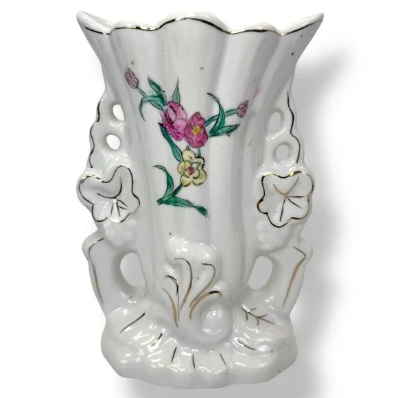 Vtg White Floral Gold Trim French Porcelain Wedding Vase Antique