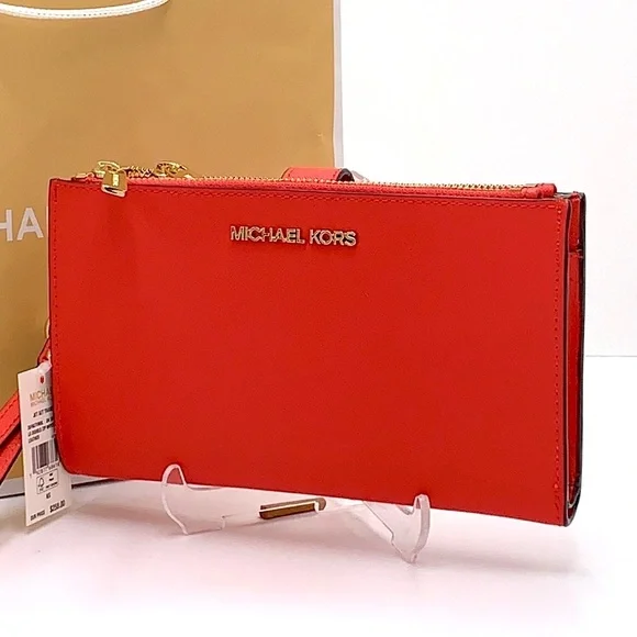 MICHAEL KORS Lg Double Zip Leather Smartphone Wallet DARK SANGRIA COLOR