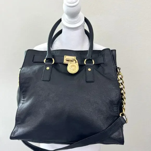 Michael Kors Womens Hamilton Satchel Handbag Leather Goldtone Lock Classic Black