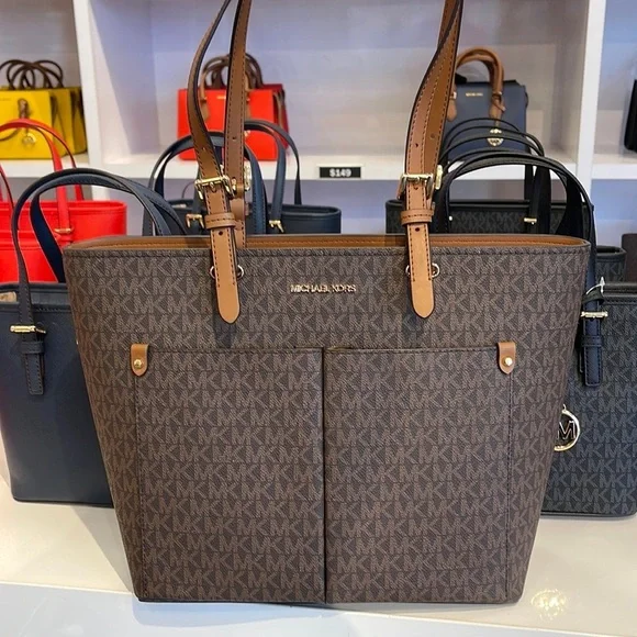 MICHAEL KORS JET SET TRAVEL MEDIUM DOUBLE POCKET TOTE BROWN SIGNATURE NWT