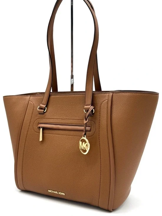 MICHAEL KORS Carine Front Zip Leather Large Tote Bag Luggage Brown