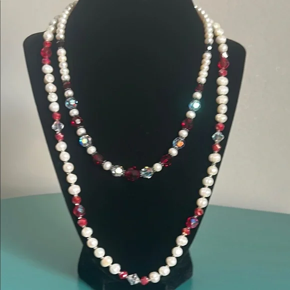 Hand Crafted Classic White Freshwater Pearl and Red Faceted Beaded Necklace Set