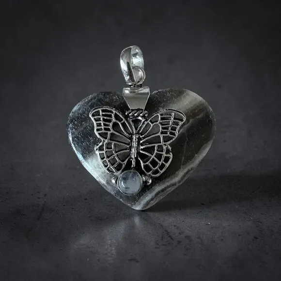 Zebra Calcite & Moonstone Butterfly Heart Pendant 925 Overlay